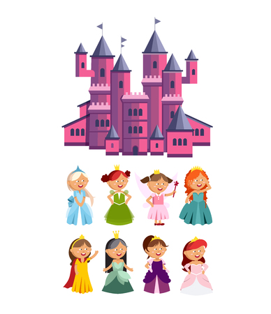 Princesses vector set cute collection of beautiful characters. Adorable elegance style little fairy girls with pink castle.のイラスト素材