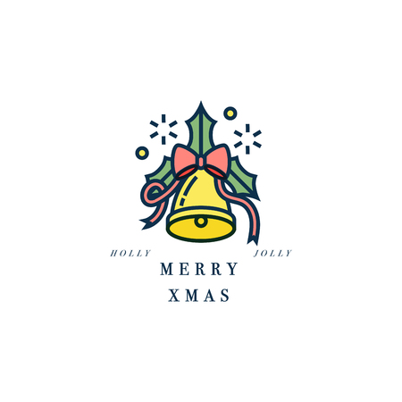 Lovely Merry Xmas concept linear design with Christmas bell. Greeting typography compositions Xmas cardsのイラスト素材