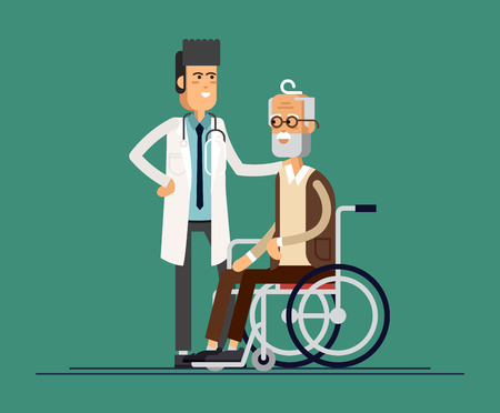 Male doctor helps her grandmother to go to the walker. Caring for the elderly. Vector illustrationのイラスト素材