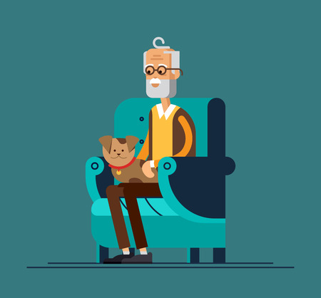 Grandpa sitting in the chair while keeping the puppy on his one knee. Vector illustration of a flat designのイラスト素材