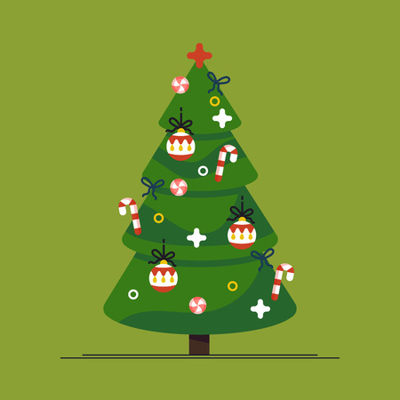 Christmas tree and holiday. Fir-tree decorated with a star, balls and garlands.のイラスト素材