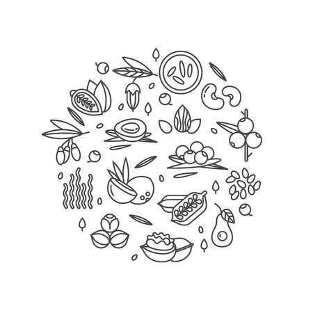 Superfood vector concept. Berries, nuts, vegetables fruits and seeds. Organic superfoods for health. Detox and weightloss supplements.のイラスト素材