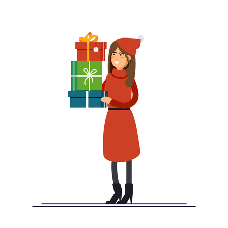 Beautiful woman dressed in a christmas hat and a red dress is holding presents. New Year sales. Vector illustration in cartoon styleのイラスト素材