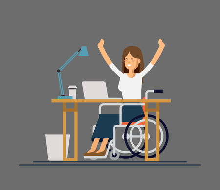 Disabled young woman in wheelchair working with computer. Online job and startup. Physical disability and society.のイラスト素材