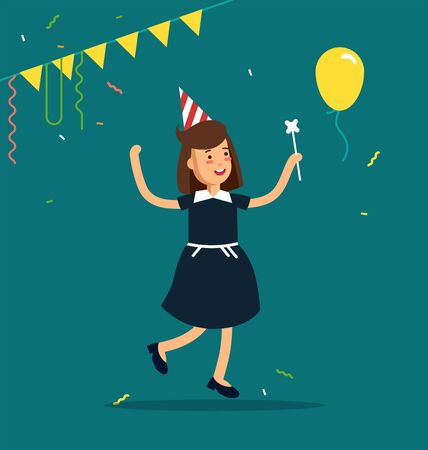 Kids party vector illustration. Funny girl character jumping with party hats, confetti, balloons. Happy birthday celebrating party.のイラスト素材