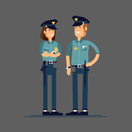 Set female and male policeman character vector illustration. A policeman in uniform is standing in...