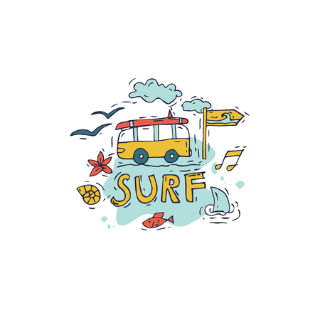 Hand draw icon surfing collection and summer holiday for your design. Tourism and vacation theme.のイラスト素材