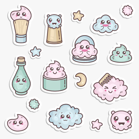 Vector set of design templates patches and emblems or badges, pin for beauty care. Asian cosmetics - cream, powder, essence faces.のイラスト素材