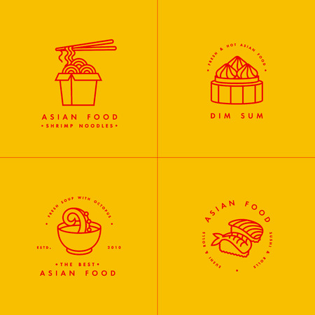 Vector set of logo design templates and emblems or badges. Asian food - noodles, dim sum, soup, sushi. Linear logos, golden and redの写真素材