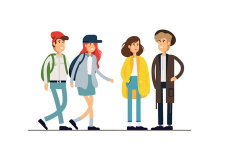 Colorful vector illustration set of standing happy romantic couples walking together. Flat cartoon hipster characters isolated on white backgroundのイラスト素材