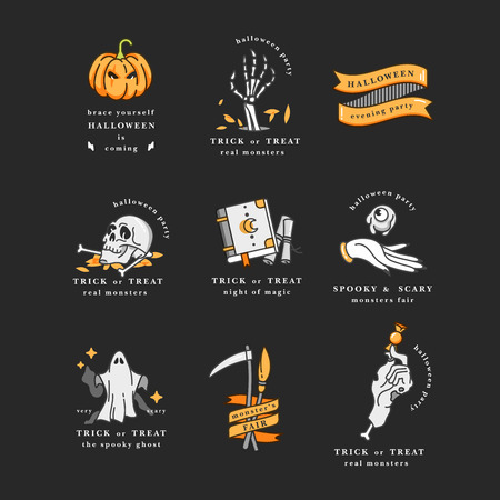 Vector illustartion set of linear icons for Happy Halloween. Badges and Labels for party and fair. Trick or treat stickers. Typography quotes.のイラスト素材
