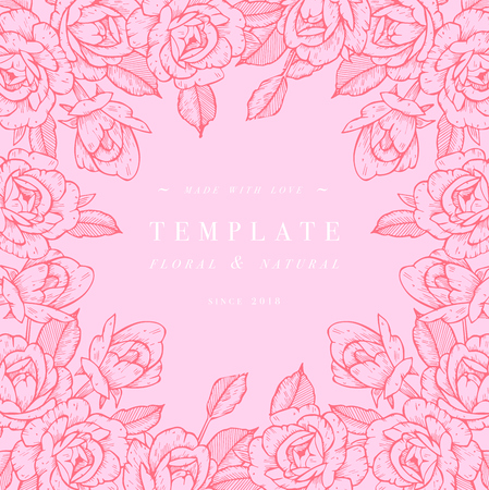 Vintage card with rose flowers. Floral wreath. Flower frame for wedding invitation. Summer floral rose greeting card. Flowers background.のイラスト素材