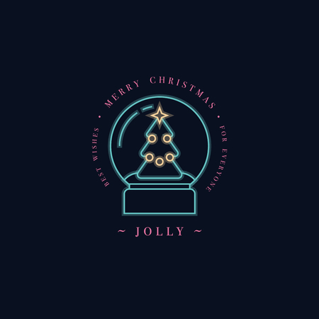 Lovely Merry Xmas concept linear neon design with Christmas ball with snow. Greeting typography compositions Xmas cards, banners or posters and other printablesのイラスト素材