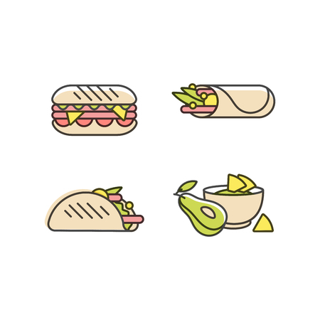 Vector set of design templates icons and emblems - mexican food. Mexican national traditional food. Logos in trendy linear style isolated on white background.のイラスト素材