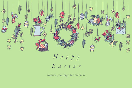 Easter eggs composition. Colorful linear icons on white background. Hanging Easter ornamental eggs. Happy Easter greeting cardのイラスト素材