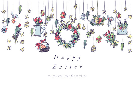 Easter eggs composition. Colorful linear icons on white background. Hanging Easter ornamental eggs. Happy Easter greeting cardのイラスト素材