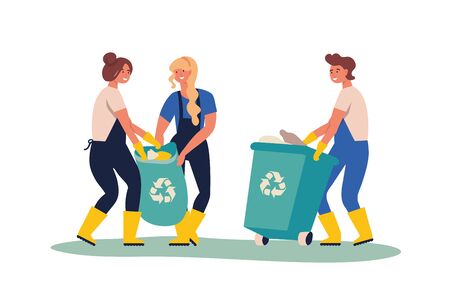 Set of people gathering garbage and plastic waste for recycling. Service recycling. Recycle sort organic garbage in different container for separation to reduce environment pollution.のイラスト素材