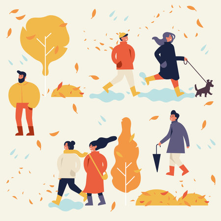 Vector autumn illustration with people enjoying and relaxing their time outdoors in park. Fall season recreation. Seamless pattern.のイラスト素材