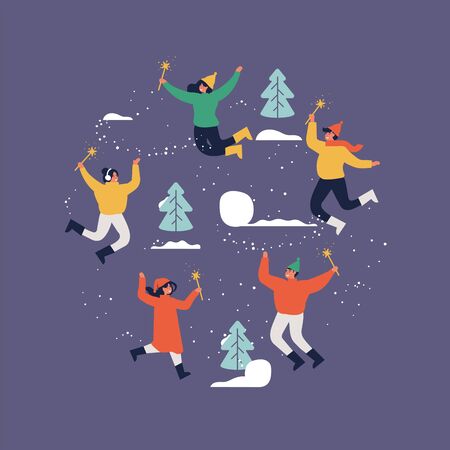 Happy winter vacation. Warmly dressed people are jumping with sparkles . Merry christmas holiday. Vector illustration in a flat style, circle compositionの写真素材