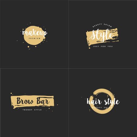 Vector set of emblems, badges and  design templates for beauty shops, hairdresser's, brow bar and makeup with with round spots and brush stroke. Golden syleのイラスト素材