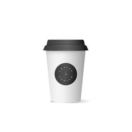 Vector illustarion of realistic white paper coffee cup with design label. Mock up cup isolated on white backgroundのイラスト素材