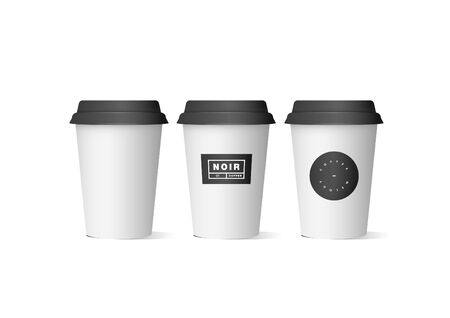 Vector illustarion of realistic white paper coffee cups with design label. Mock up set isolated on white backgroundのイラスト素材