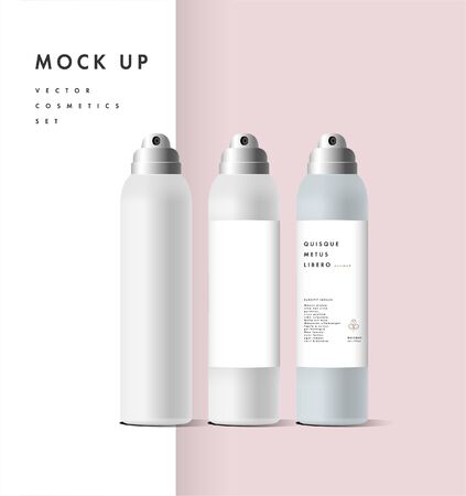 Realistic white bottle for cosmetic. Realistic spray cleaner, plastic bottle, trigger spray. Mock up bottle. Cosmetic vial, shampoo, oil, gel. Design label, sticker for beauty bottleのイラスト素材