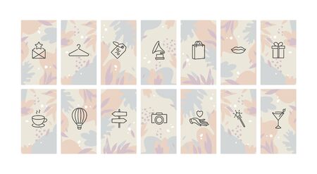 Vector set design colorful templates icons and emblems - social media story highlight. Different blogger icons in trendy linear style isolated on white backgroundのイラスト素材
