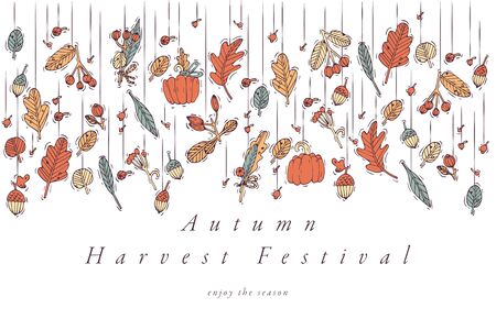 Vector linear design Harvest festival greetings card. Typography ang icon for autumn holiday background, banners or posters and other printablesのイラスト素材