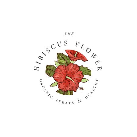 Hand draw vector hibiscus flowers   illustration. Floral wreath. Botanical floral emblem with typography on white backgroundのイラスト素材