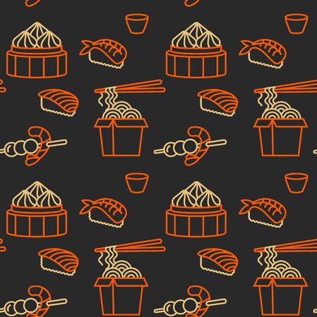 Vector pattern design template asian food - noodles, dim sum, soup, sushi. Linear iconのイラスト素材