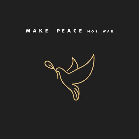 Vector linear illustration dove holding olive branch. Symbol of peace on earth. Golden color. Typography quoteのイラスト素材