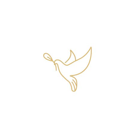 Vector linear illustration dove holding olive branch. Symbol of peace on earth. Golden colorのイラスト素材