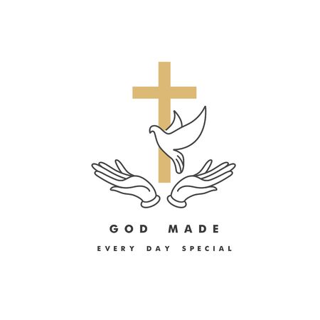 Vector illustration of Christianity symbol of Jesus Christ- cross with hands and flying dove. Religion. Golden color. Religion quoteのイラスト素材
