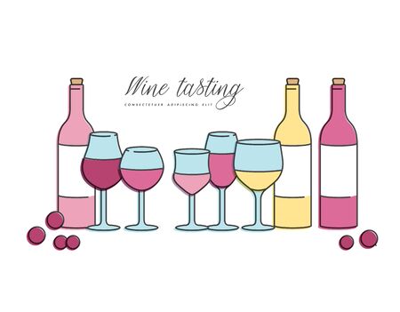 Vector concept of wine tasting for bar or restaurant. Different types of glasses and bottles of wineのイラスト素材