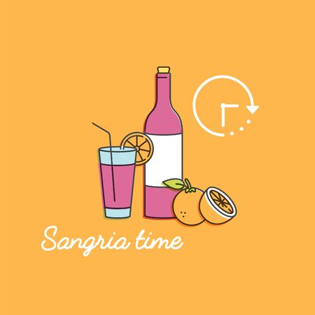 Vector linear illustration of sangria wine with glass and ingredients. Orange fruit with citrus slice. Isolated on white background. Traditional spanish drinkのイラスト素材
