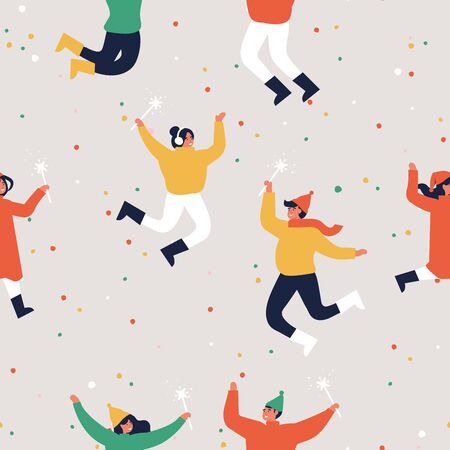 Happy winter vacation. Warmly dressed people are jumping. Merry christmas holiday seamless patternのイラスト素材