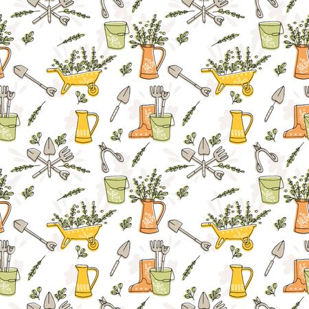 Vector badge or icon for farmers and garden tools. Seamless background patternのイラスト素材