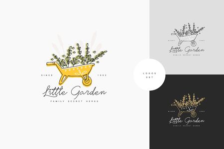 Vector hand drawing badge and icon for gardening or flowers shop. Collection symbol of wheelbarrow with green branchesのイラスト素材