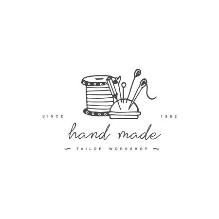 Handmade linear badge or outline label. Knitwear and sewing symbol. Vector illustrationのイラスト素材