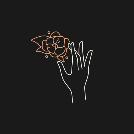 Vector design linear template or emblem - hand with hydrangea flowers. Abstract symbol for cosmetics and packaging or beauty productsのイラスト素材
