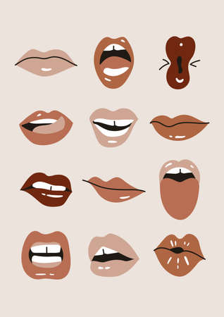 Vector illustration female mouths. Colorful lipstick. Various of mimic, emotions, facial expressions. Poster for print.のイラスト素材