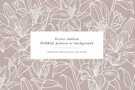 Vintage card with lily flowers. Floral wreath. Flower frame for flowershop with label designs. Summer floral lily greeting card. Flowers background for cosmetics packaging.のイラスト素材