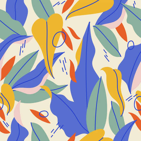 Vector illustration abstract seamless pattern with tropical leaves. Colorful texture.のイラスト素材
