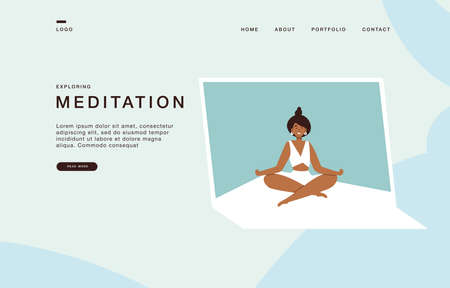 Landing page template for websites with vector illustration girl doing yoga exercising at home, online courses.のイラスト素材