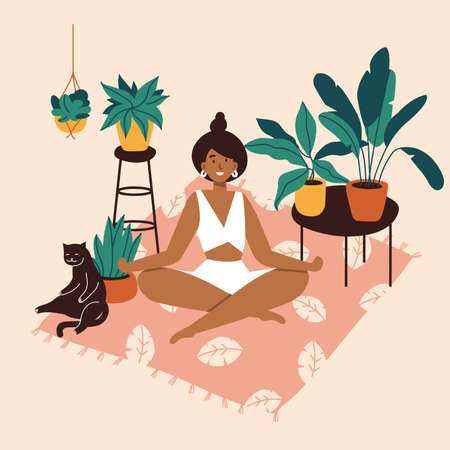 Vector illustration with young woman practicing yoga at cozy home with plant, flowers and cat.のイラスト素材