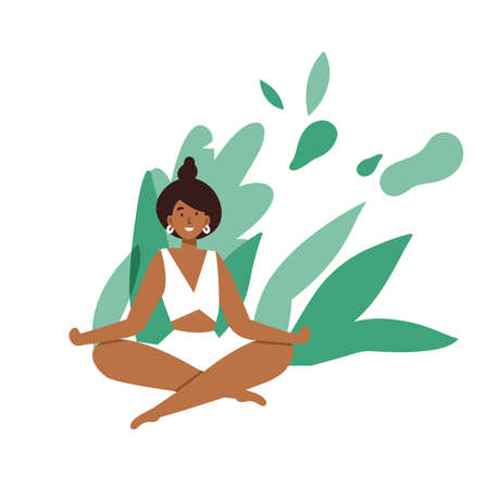 Vector illustration with young woman doing yoga exercising.のイラスト素材