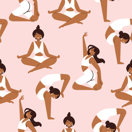 Vector illustration set with young women doing yoga exercising. Various of yoga poses. Seamless pattern.のイラスト素材