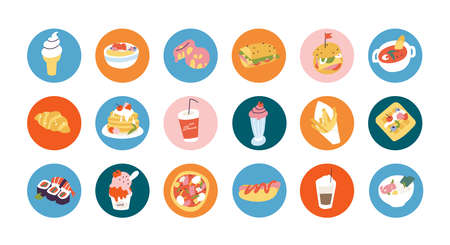 Vector set different round icons for social media stories or avatar template. Tasty food, vocation, beauty.の写真素材