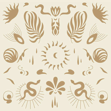 Vector design linear icons and emblems - mystery boho style. Seamlee pattern.のイラスト素材